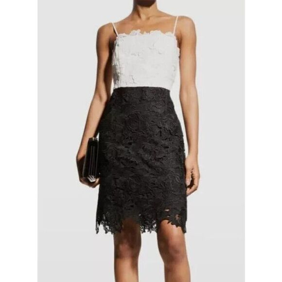 Milly Women's Sz 6 White/Black 3D Floral Lace Spaghetti-Strap Sheath Dress - Picture 12 of 13